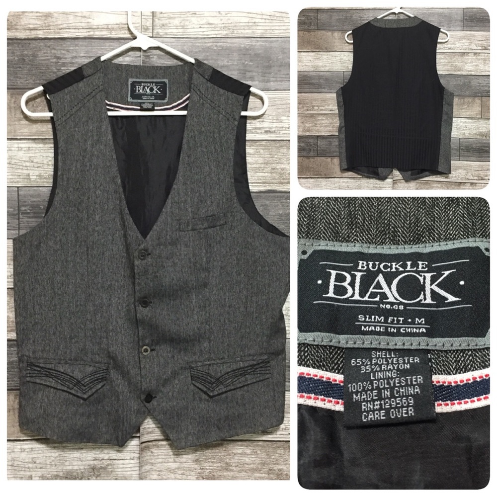 Buckle Black Slim Fit Waistcoat Vest Men’s M Gray Button Front Polyester Blend